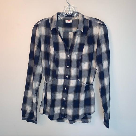 Levi's Blue and White Plaid Button Up Shirt with Tie L - Picture 1 of 10